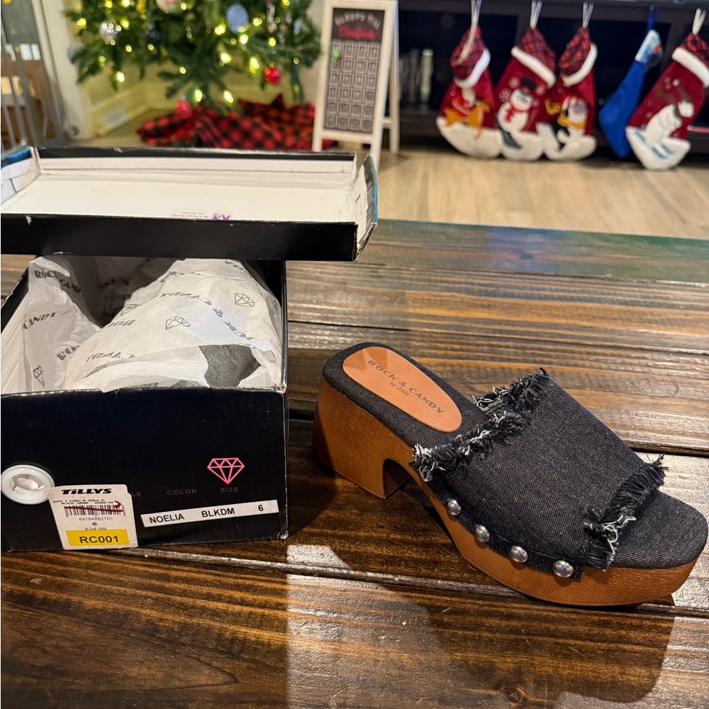 Tillys Rock & Candy Black Denim Mule Style Wooden Sole
